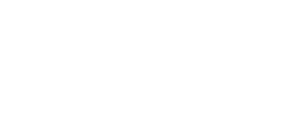 A black and white image with the word "aspire" in large letters and "Oregon City" in smaller letters below it.